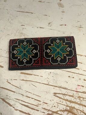 Source Unknown Black Fold Wallet with Teal, Yellow & Red Embroidery